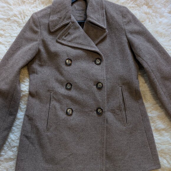 Vintage Calvin Klein Double Breasted Wool/Silk Pea Coat | Oat Women's Size 10 - Picture 8 of 15